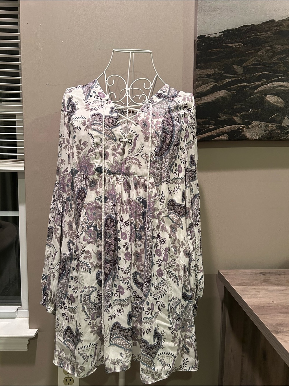 Free People White Paisley Lace-Up Long Sleeve Boho Dress